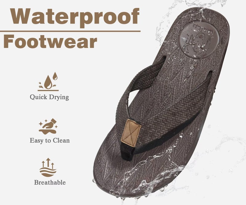 KuaiLu Mens Flip Flops Arch Support Comfortable Cushion Memory Foam Recovery Walking Waterproof Leather Thong Sandals Orthotic Plantar Fasciitis Summer Casual Beach Pool Slip on Slippers Brown Size 9 - Image 3
